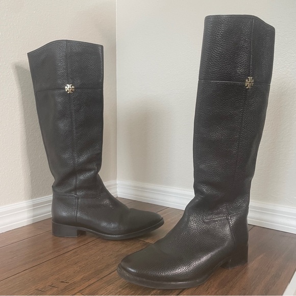 Tory Burch boots black grained leather knee high zip up boots luxury boots - Picture 1 of 16